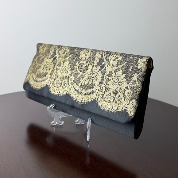 Black and Gold Lace Glitter Print Satin Clutch Purse  - 10w x 5h x 1D - Picture 2 of 10